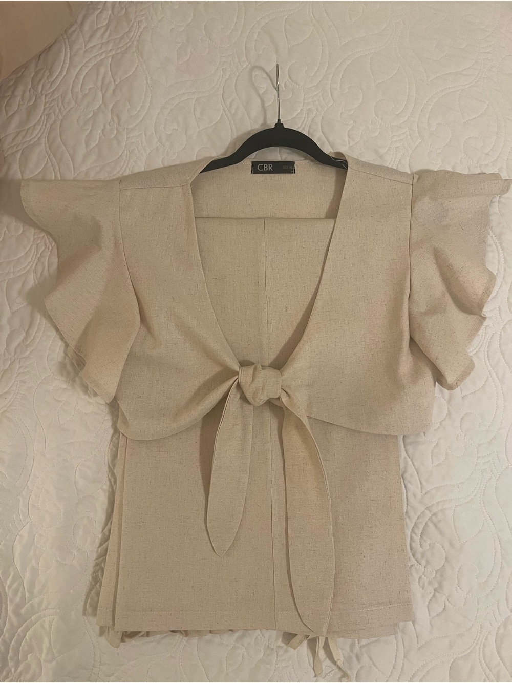CBR Beige Tie-Front Flutter Sleeve Crop Top and Wide Leg Pants